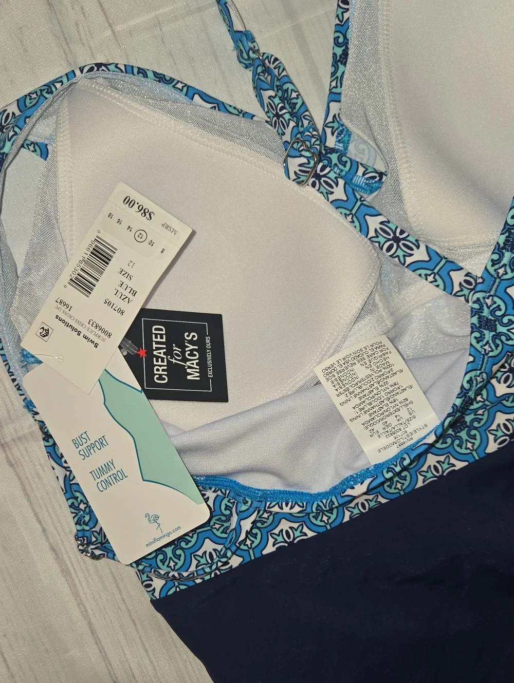 SWIM SOLUTIONS Blue Tile-Print One-Piece Swimsuit Tummy Control Bust Support NWT - Picture 4 of 6
